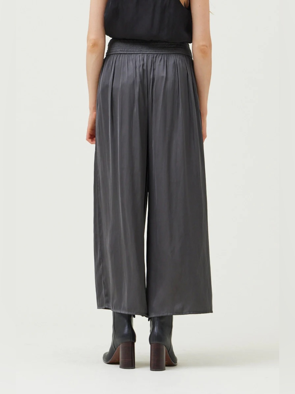 High-Rise Wide Leg Indian Satin Trousers in Olive Gray